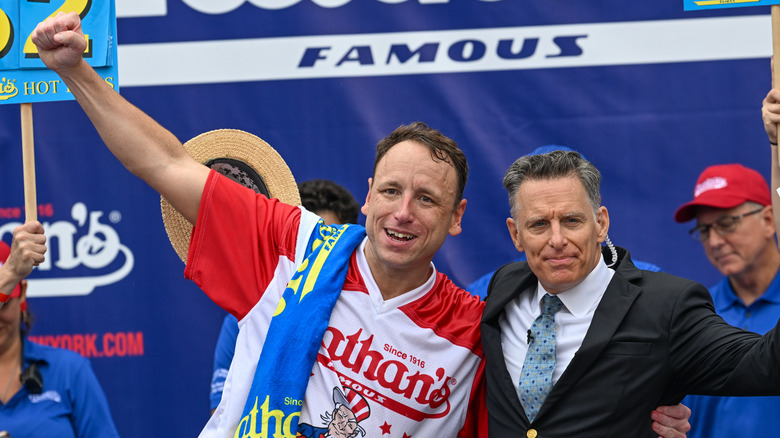 Joey Chestnut celebrating at Nathan's