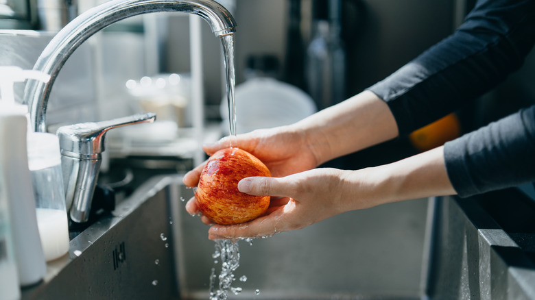 Washing apple at kitchen sink