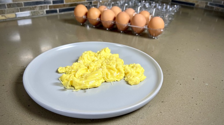 A plate of scrambled eggs