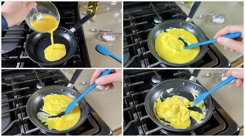 Eggs scrambling in a nonstick skillet