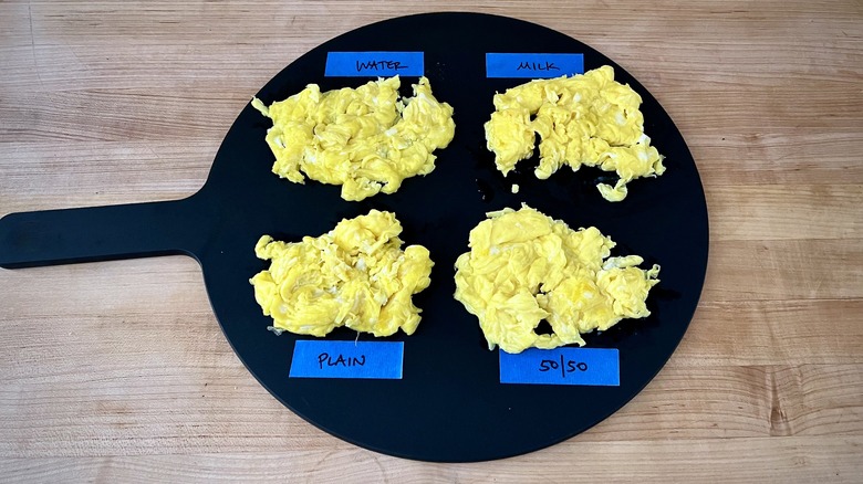 Scrambled egg piles on platter