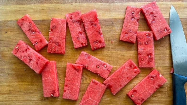 watermelon pieces cut into rectangles