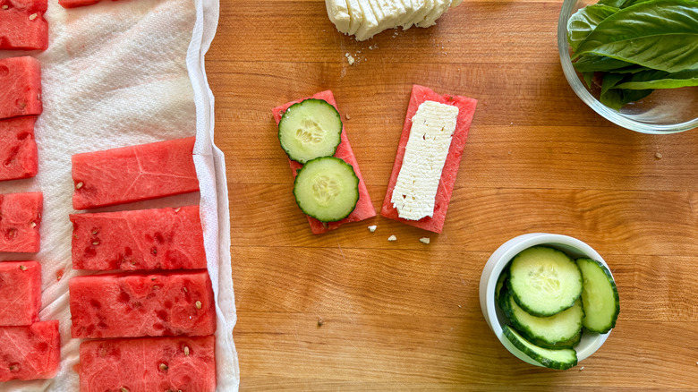 cucumber and cheese on watermelon