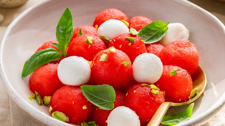 bowl of watermelon caprese salad