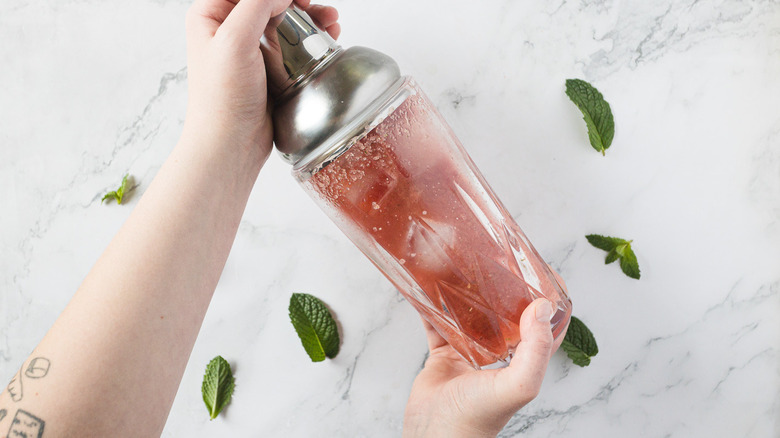 Hands holding a shaker with red drink