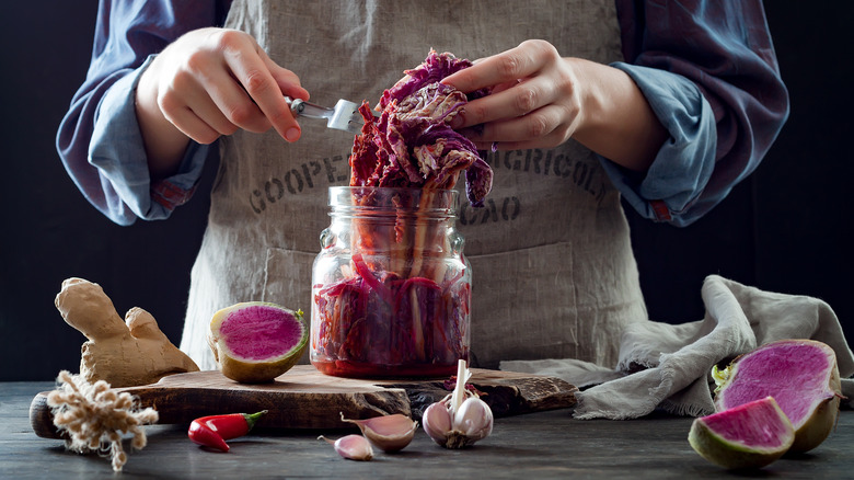 Cabbage and watermelon radish in a jar