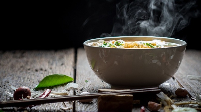 steaming bowl of noodle soup