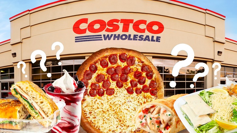 Collage of Costco food court items in front of Costco storefront