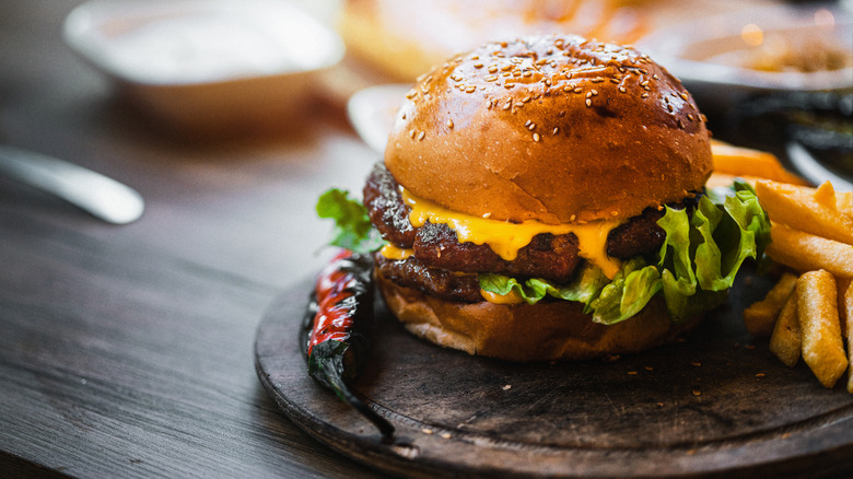 Cheeseburger on plate with fries