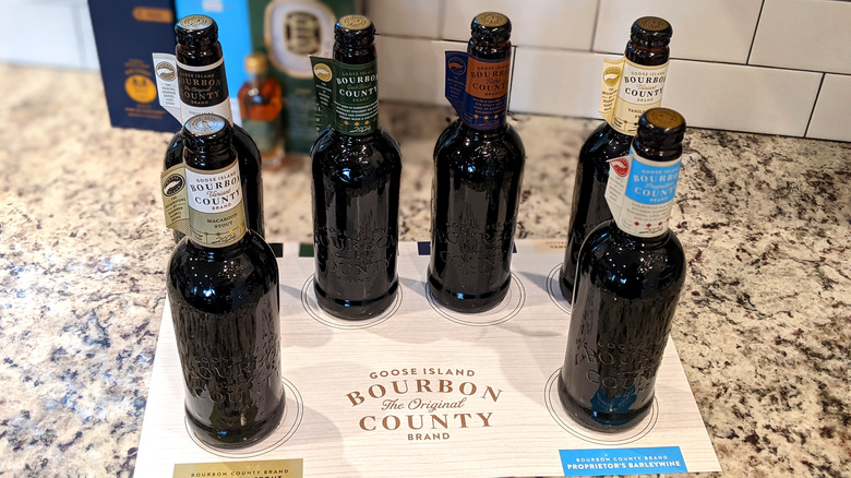 Goose Island Bourbon County Stout bottles and tasting mat