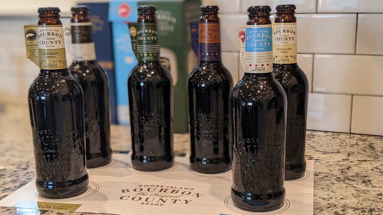 Goose Island Bourbon County Stout bottles and tasting mat