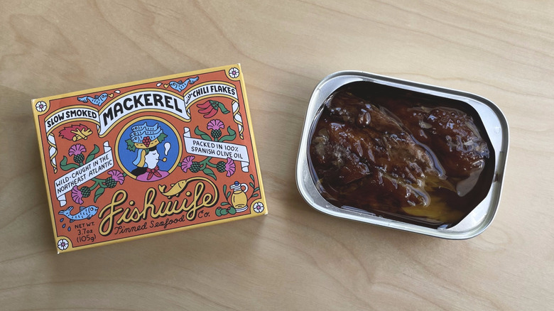 box and open tin of mackerel