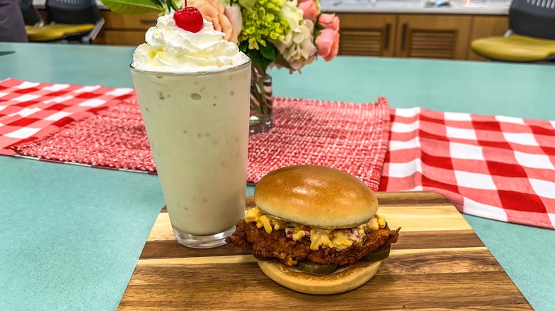 Chick-fil-A spicy pimento sandwich and banana milkshake