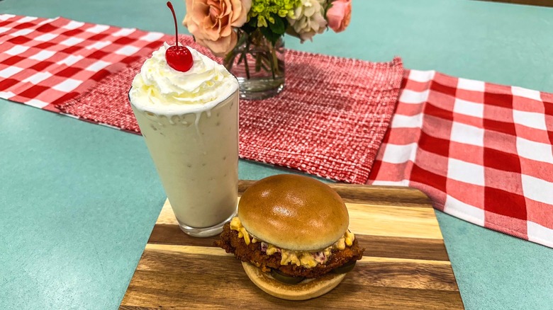 Chick-fil-A spicy pimento sandwich and banana milkshake