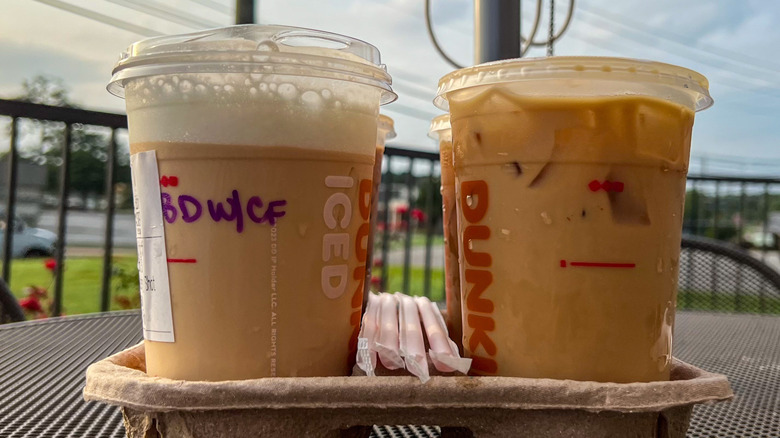 Dunkin' iced coffees on patio