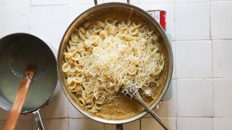 Pasta and cheese in pot