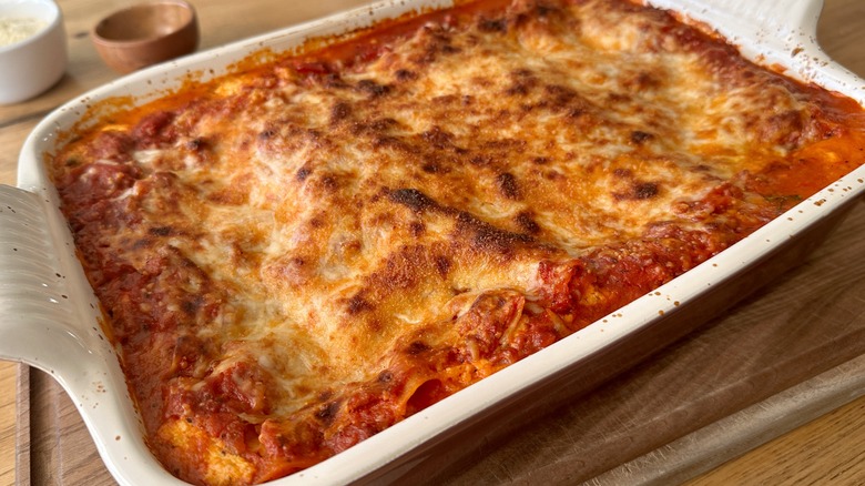 whole baked lasagna in dish