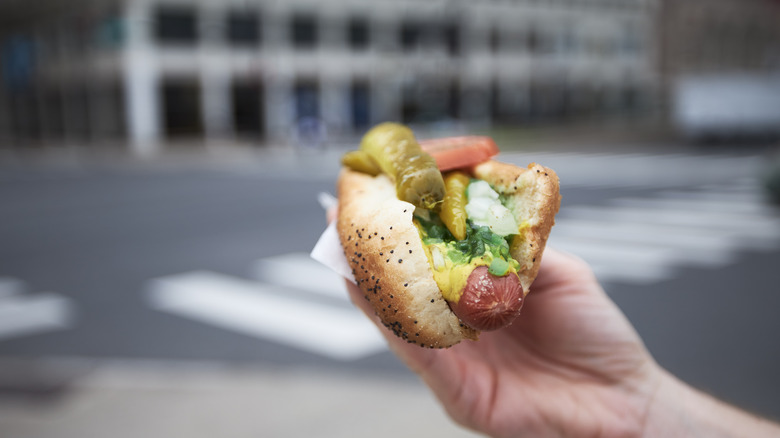 Hand holding Chicago-style hot dog 