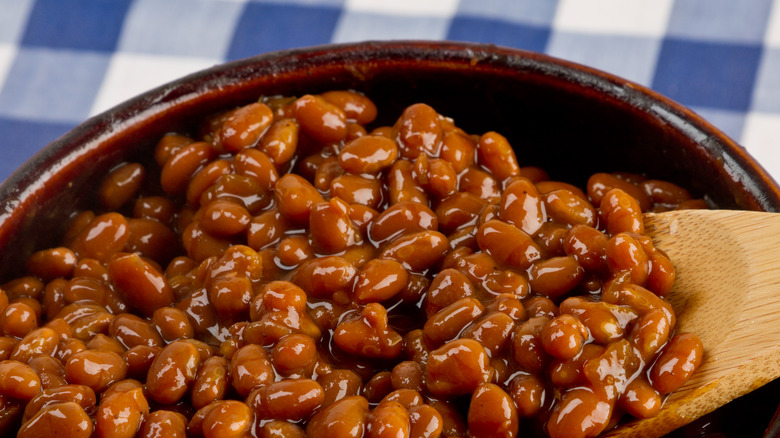 Baked beans in ceramic crock 