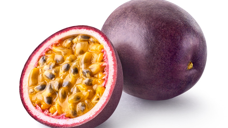 Passion fruit against white background