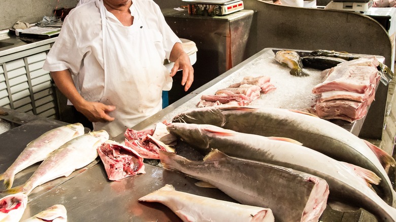 fishmonger with whole and cut catfish