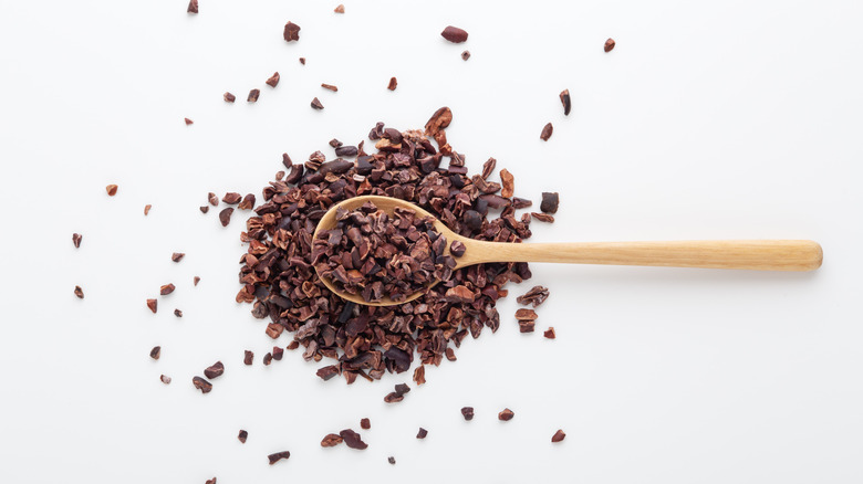 cocoa nibs on wooden spoon 