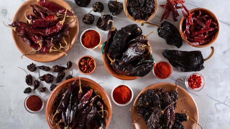 bowls of various dried chiles