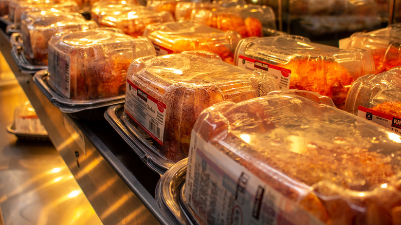 Costco rotisserie chickens on display.