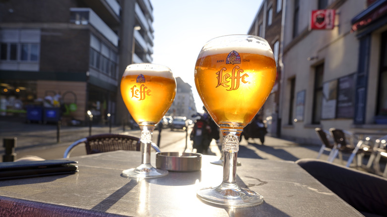 Leffe glasses on table 
