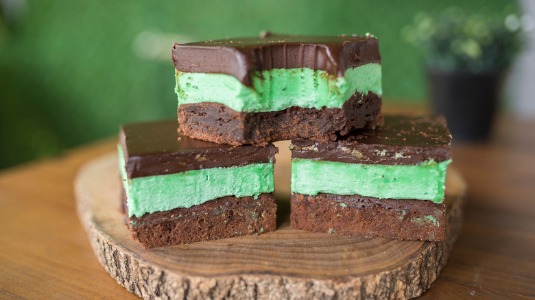 sliced crème de menthe brownies on wood