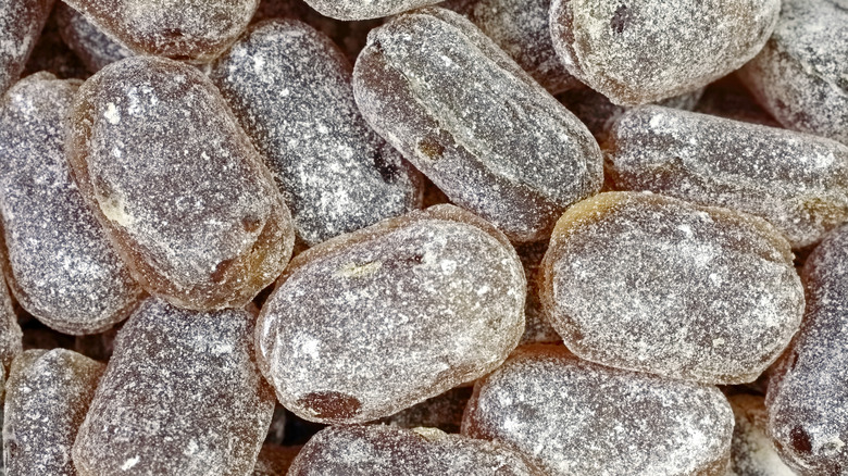 A closeup of a pile of horehound candies