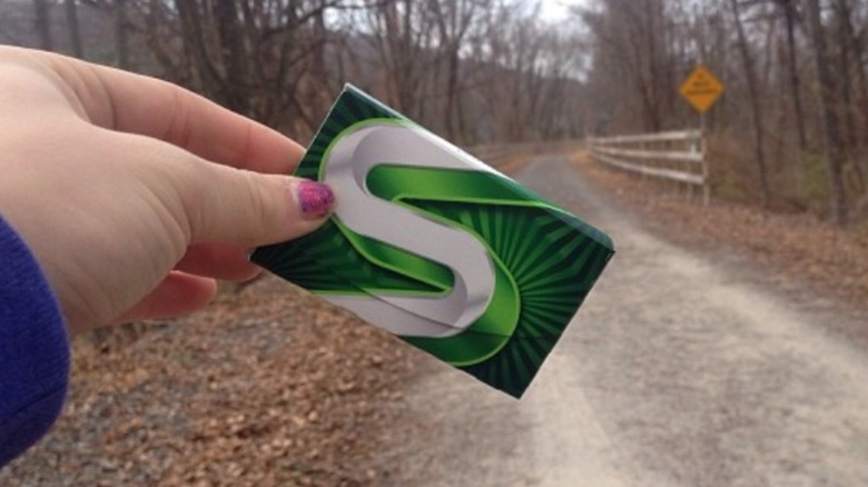 Hand holding a green pack of Stride gum outside