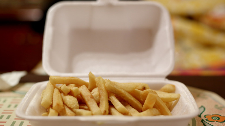 A portion of chips in a Styrofoam container
