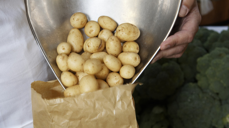 man pouring new potatoes into brown bag