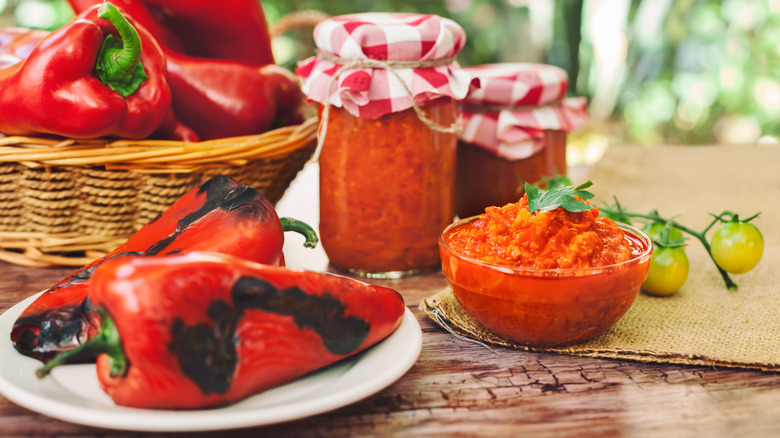 jars and a dish of ajvar 