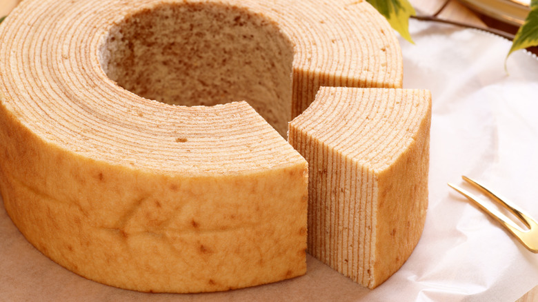 close up of sliced baumkuchen