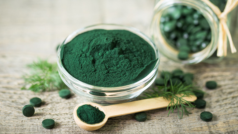 Bowl of spirulina powder