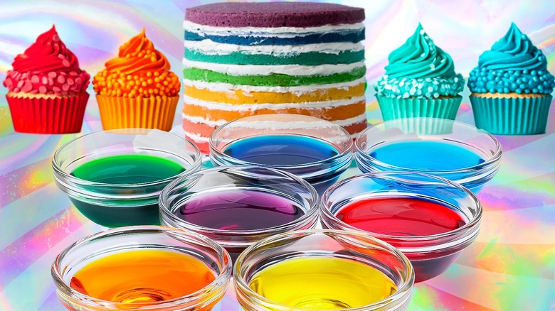 Brightly colored cakes and cupcakes
