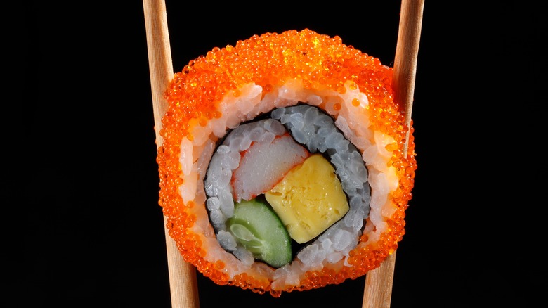 masago covered sushi piece