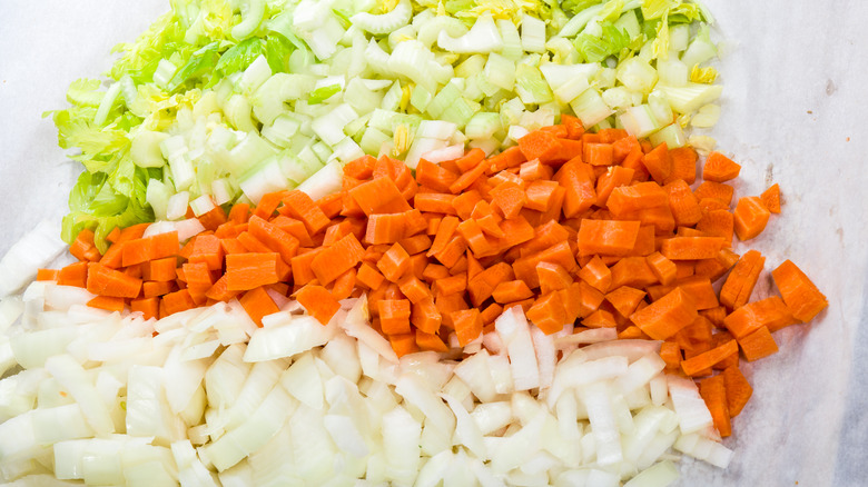 large dices of onion, carrot, and celery