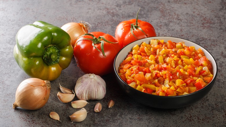 Spanish sofrito with onion, pepper, tomatoes, and garlic