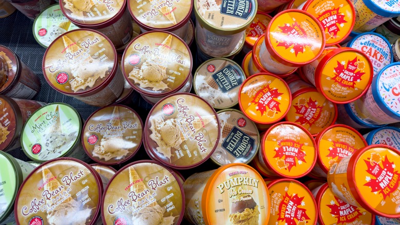 A freezer of Trader Joe's ice cream.