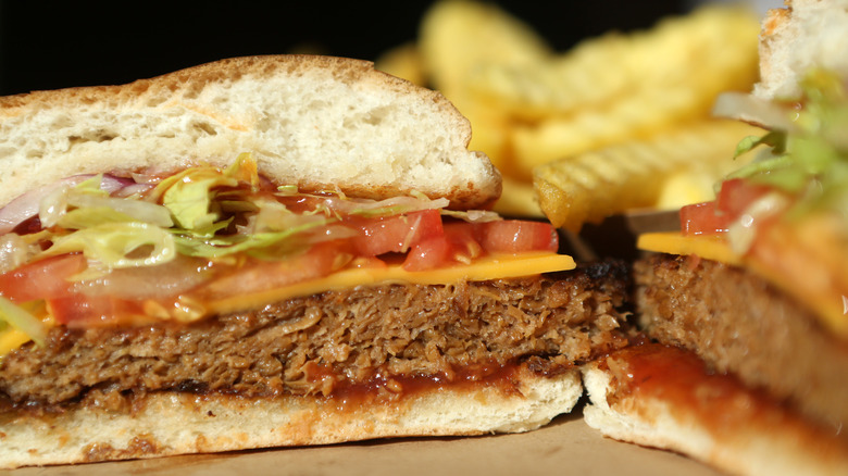 A plant-based burger split in two in front of a pile of chips