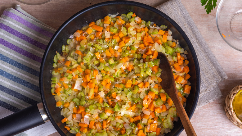 Ready mirepoix in pan