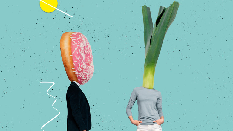 A man's head is replaced with a donut while a woman's head is replaced with a green onion demonstrating the gender divide when it comes to healthy vs unhealthy eating