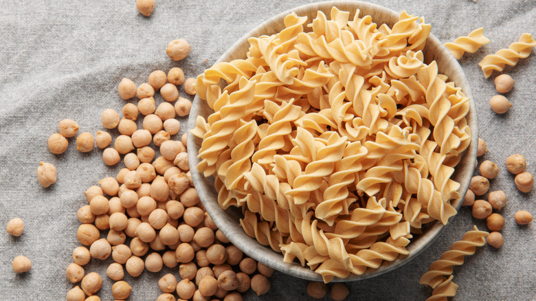 bowl of pasta and raw chickpeas
