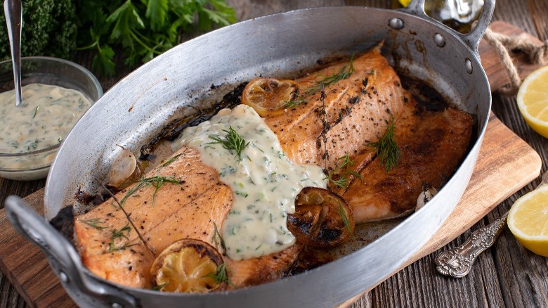 Salmon roasted in pan