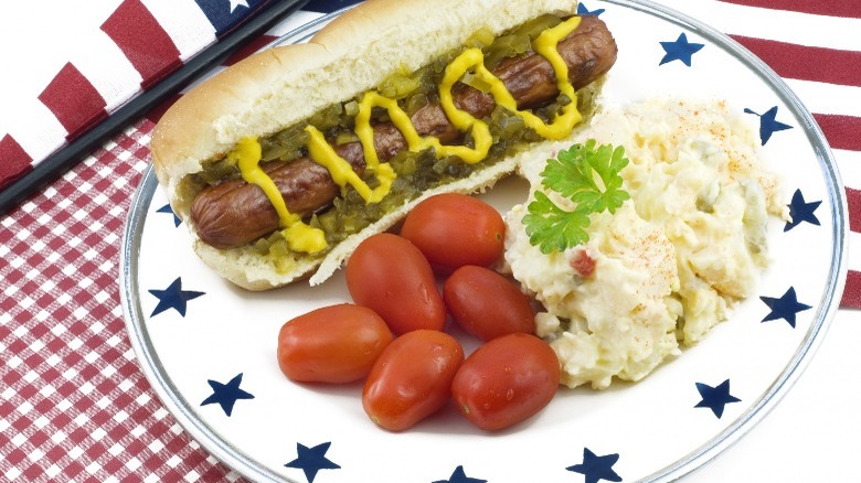 American hot dog and potato salad