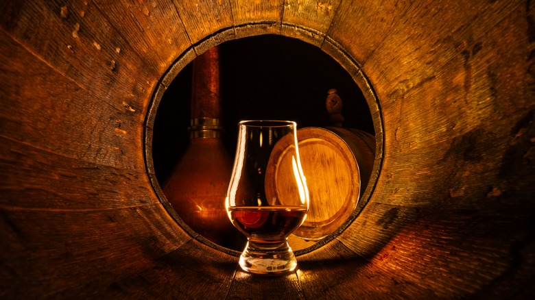 bourbon whiskey displayed inside barrel