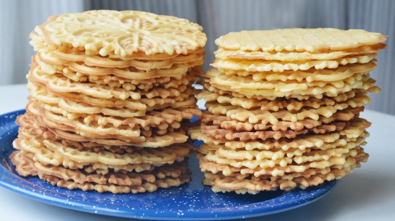 Two stacks of pizzelle on a plate